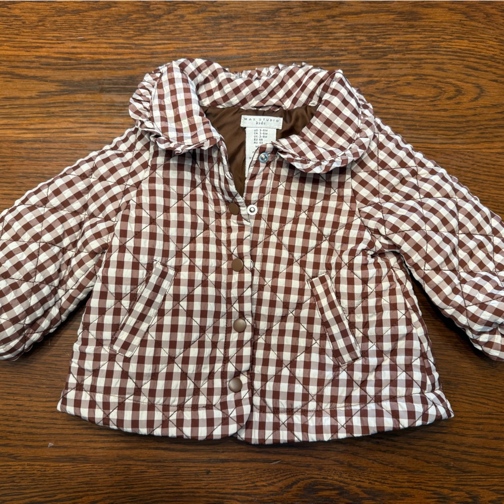 Max Studio Kids Brown and White Checkered Jacket never worn size 3-6 months
